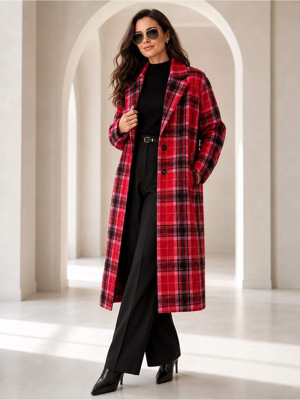 Old Navy Red Tartan Plaid Soft-Brushed Long Overcoat